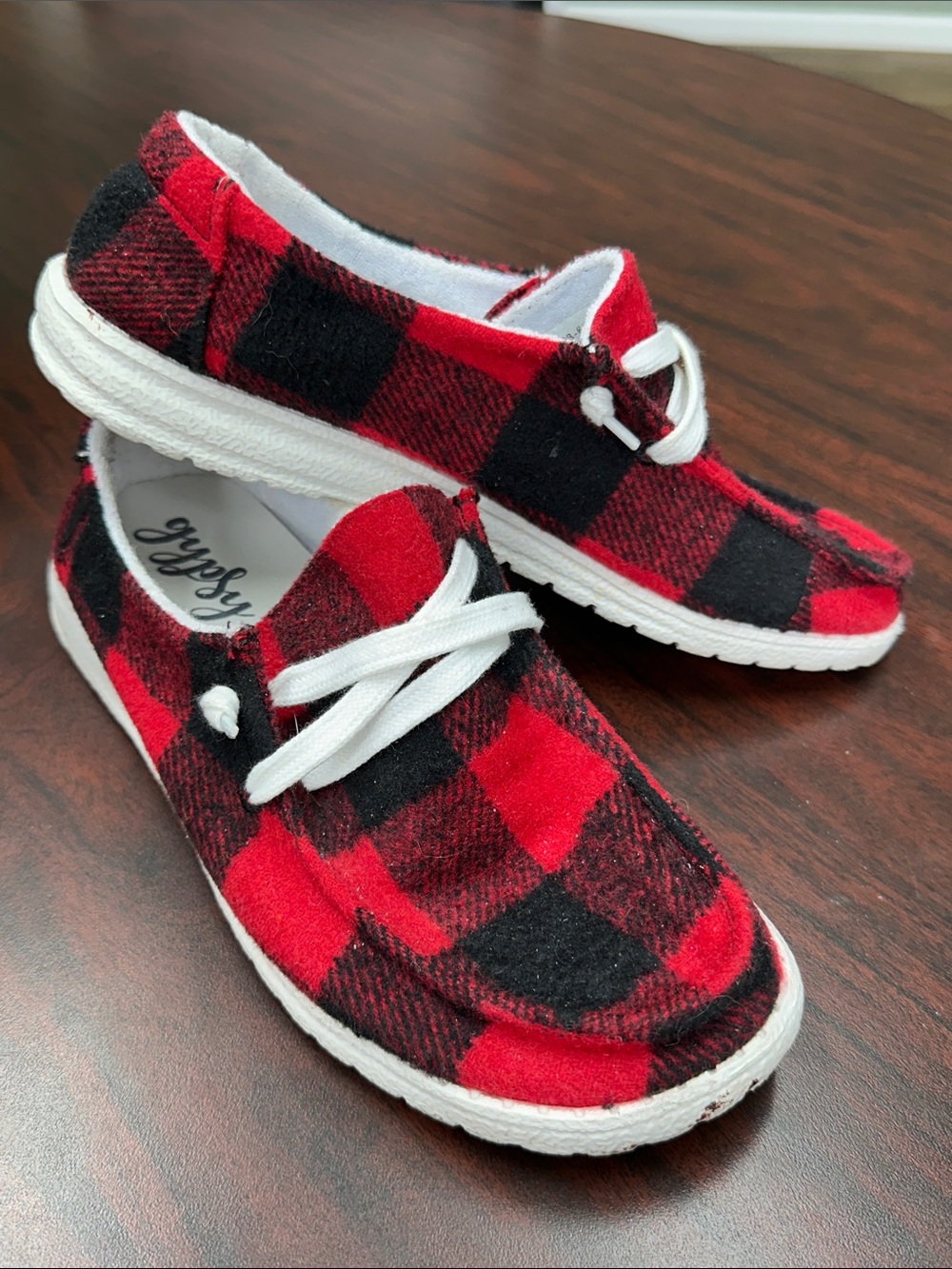 Gypsy Jazz Red and Black Plaid Slip-On Sneakers